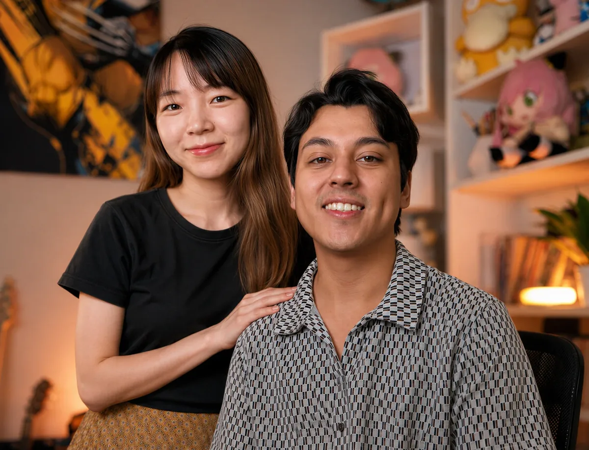 Masa y Pako sonriendo juntos en su estudio
