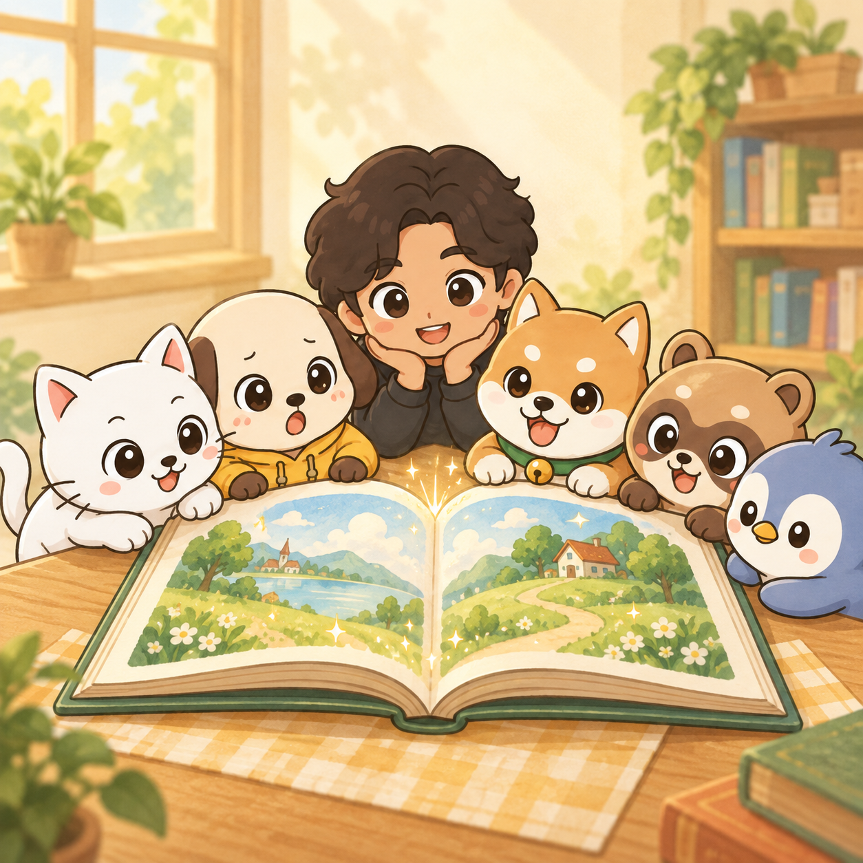 Pako y los personajes de Pako Monogatari descubren una historia ilustrada