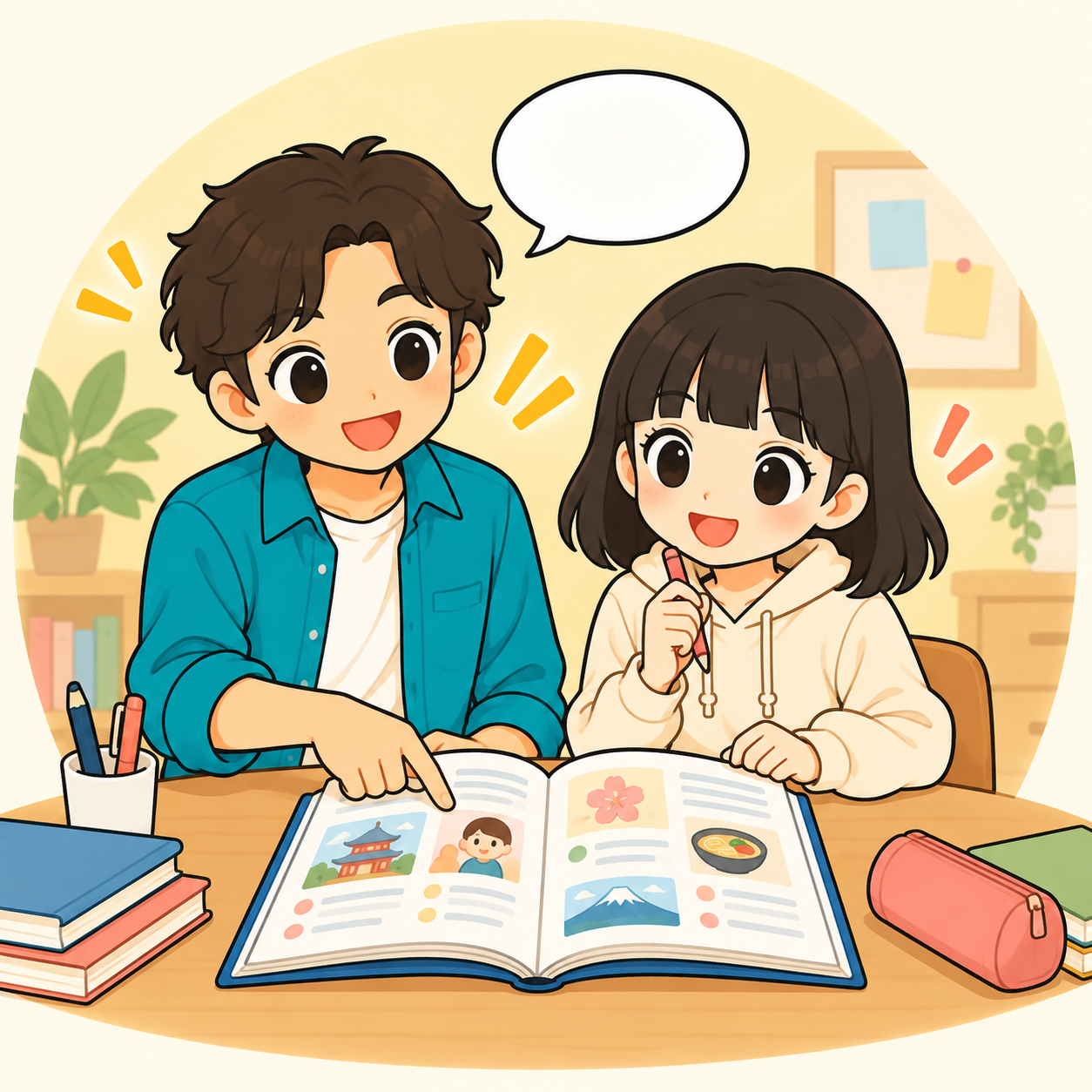Pako explica japonés con un libro a una estudiante