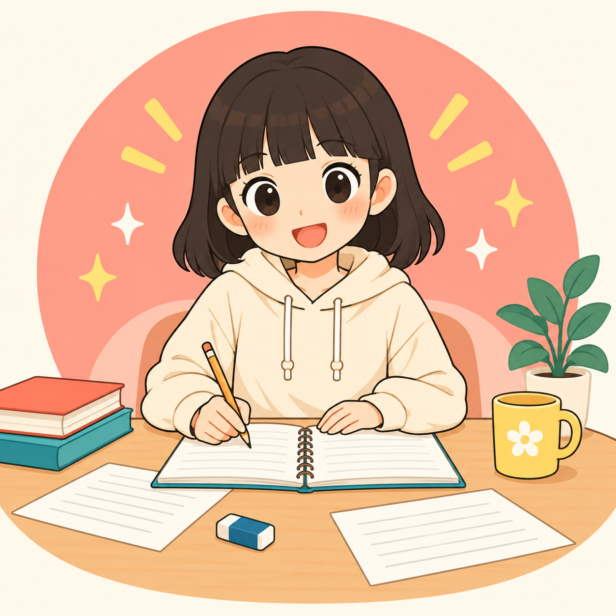 Una estudiante practica japonés escribiendo en su cuaderno