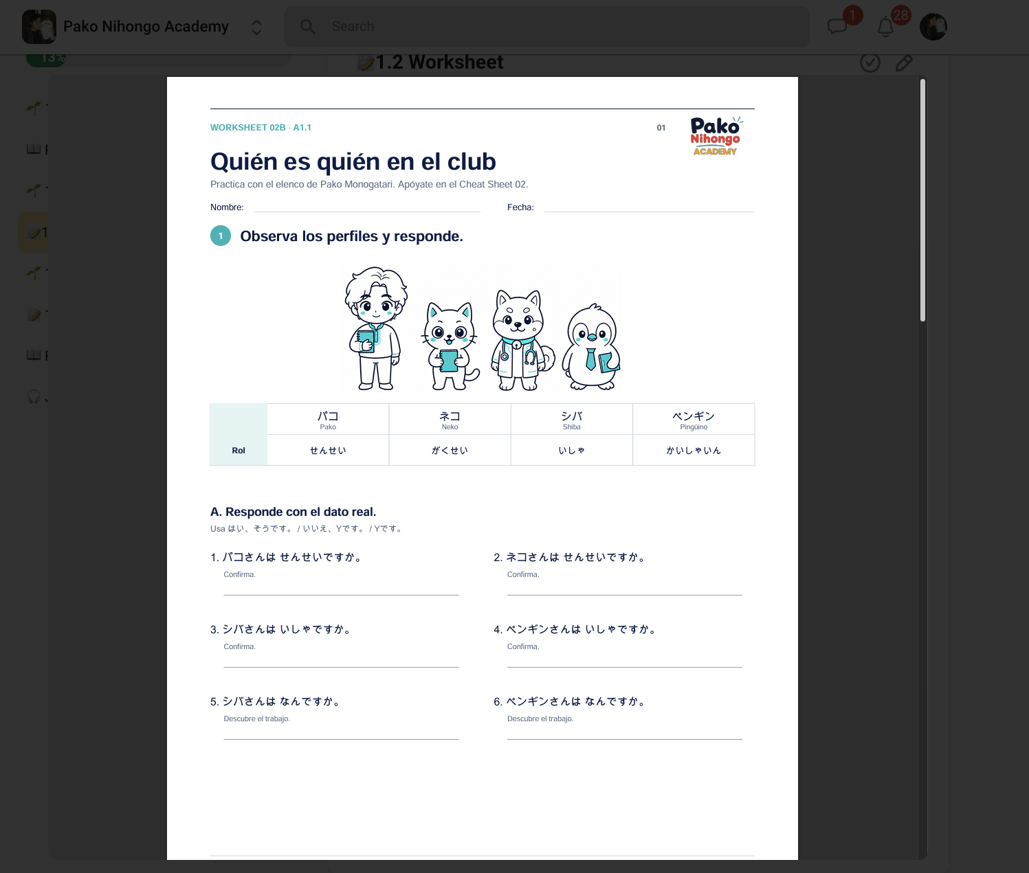 Worksheet de práctica guiada de Pako Nihongo
